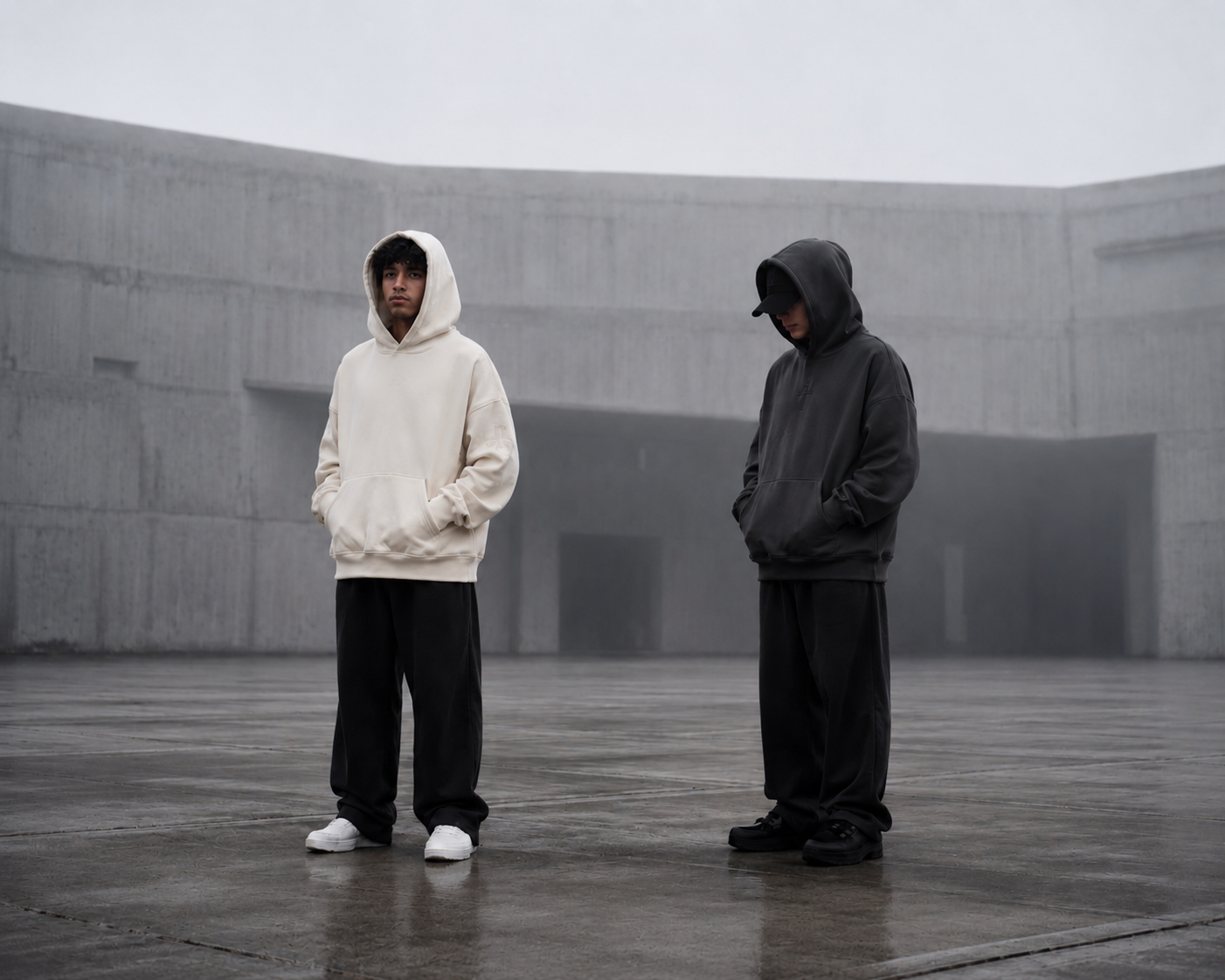 Two models in oversized hoodies, brutalist plaza