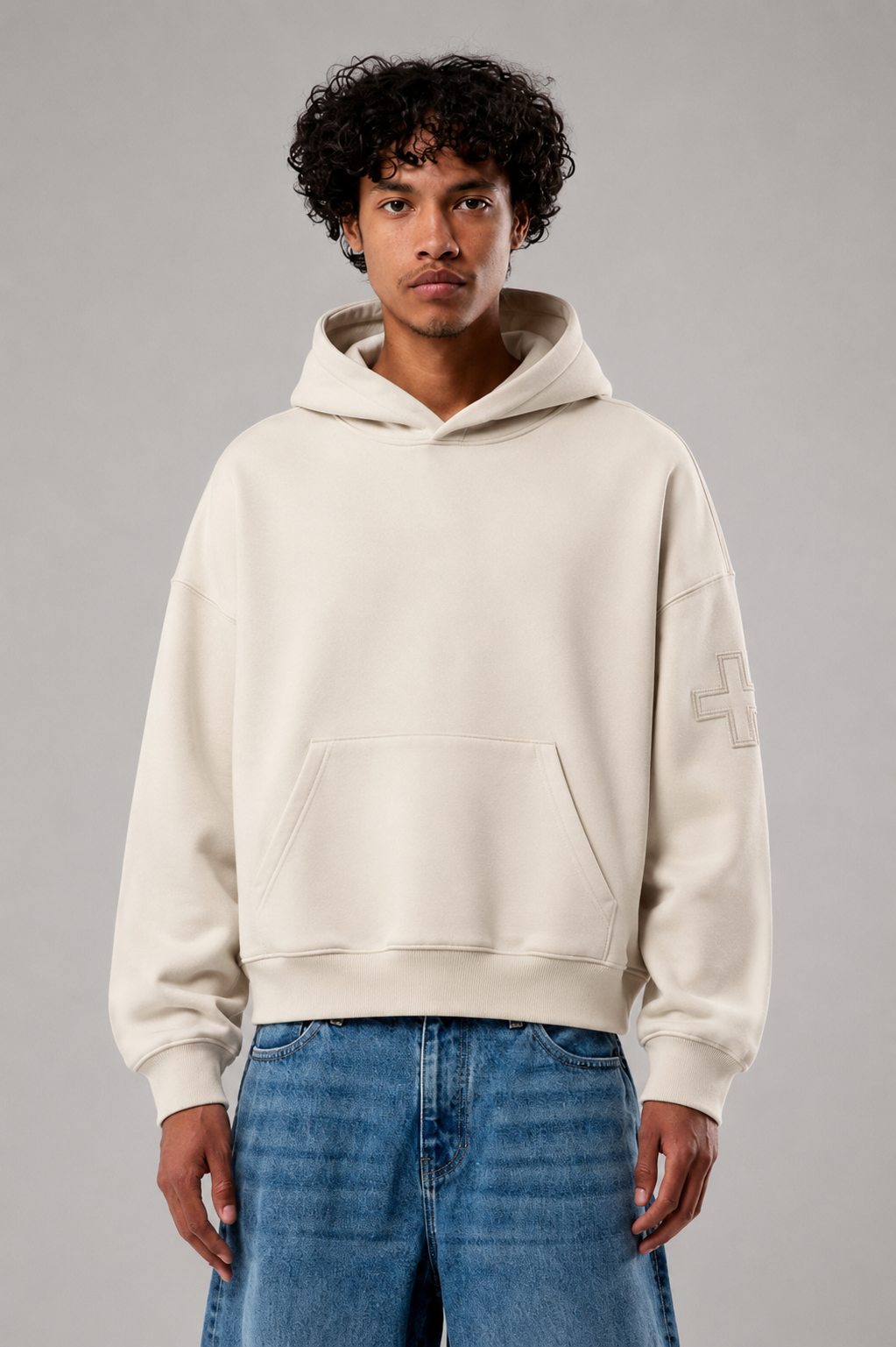 Cross-Sleeve Hoodie worn by model
