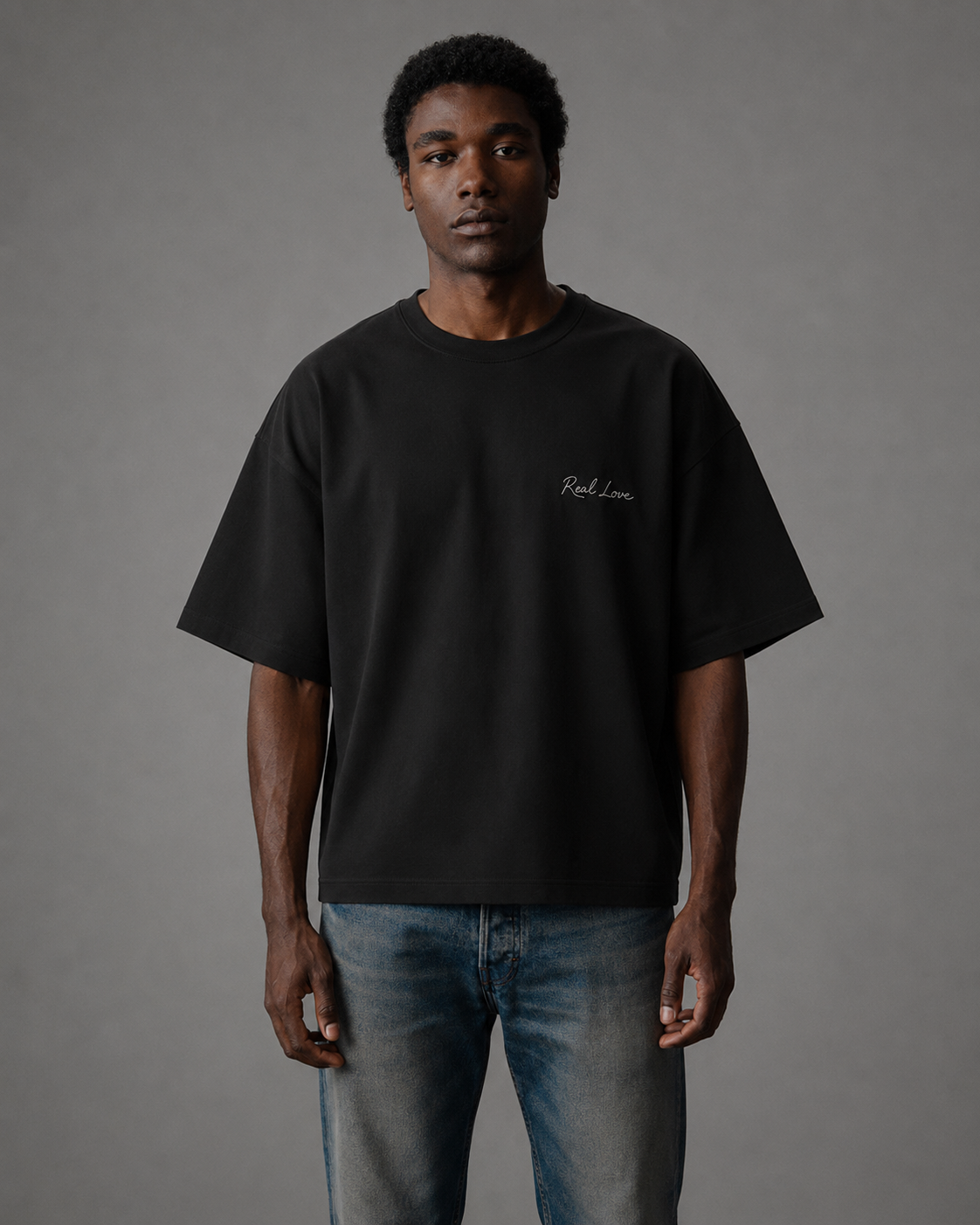 Real Love Script Tee worn by model