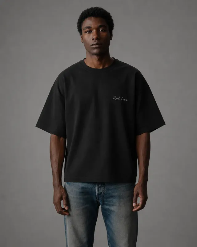 Real Love Script Tee worn by model